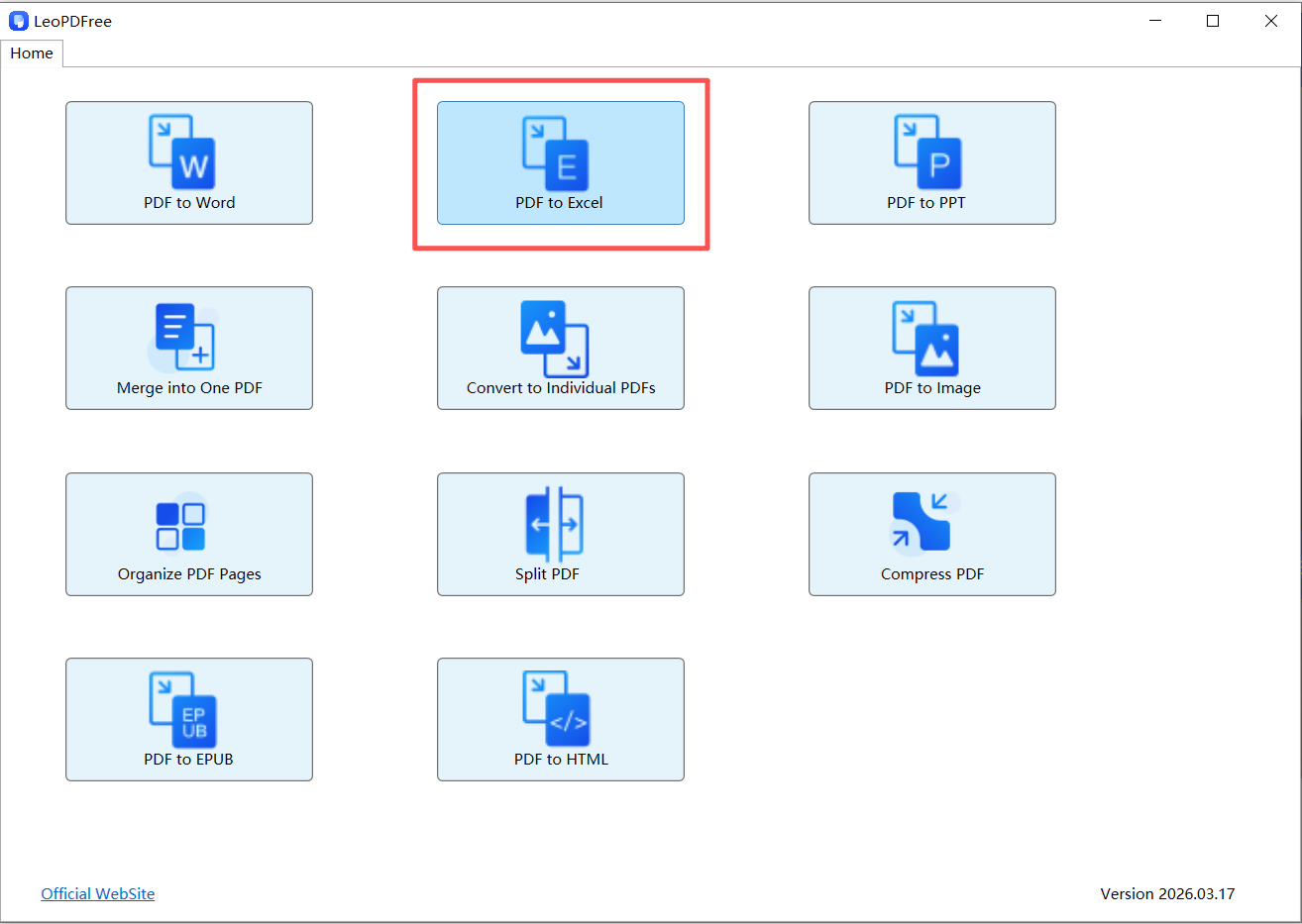 Real LeoPDF application interface with PDF to Excel selected